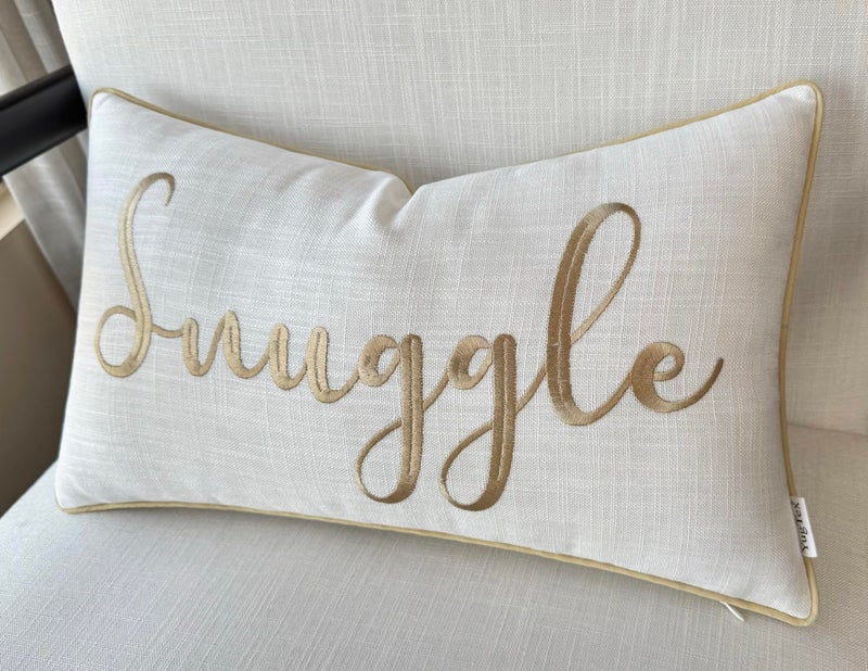 YugTex Romantic Couple Love Sentiment Embroidered Decorative Sayings Lumbar Accent Throw Pillowcase - Snuggle Phrase Decor for Wedding, Anniversary, Valentine - 12x20 Inches, Ivory - Image 2